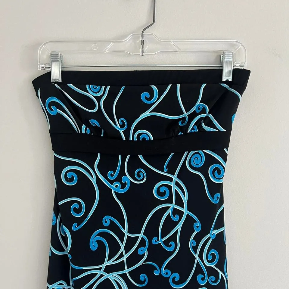 Y2K BLUE AND BLACK KONA FLORAL PRINT STRAPLESS MIDI DRESS Size M - Image 3