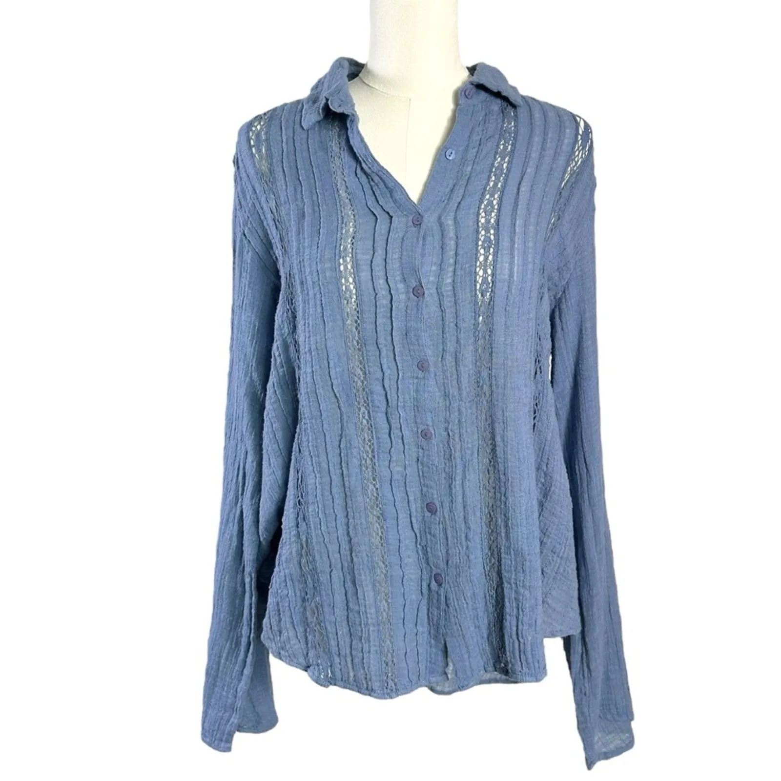 Free People FP One Mila Shirt Blue Ethereal Dainty Romantic Lace Gauze Medium - Image 6