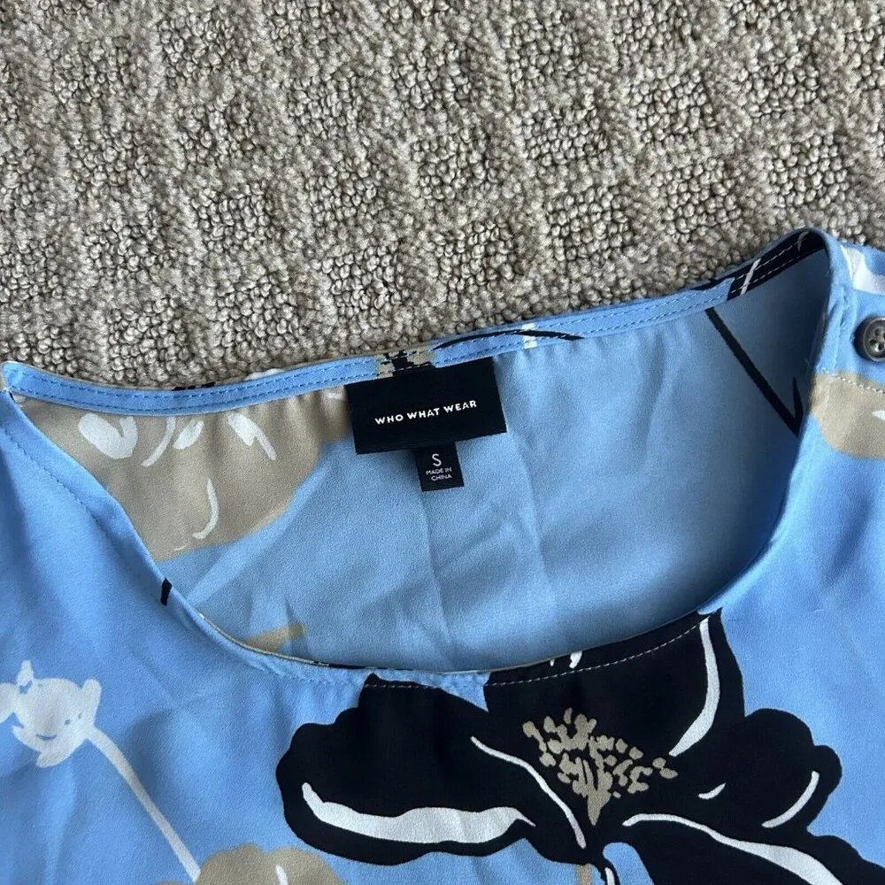 WHO WHAT WEAR Small S Semi Sheer Blue Tan Floral Tank Top Sleeveless Blouse - Image 4