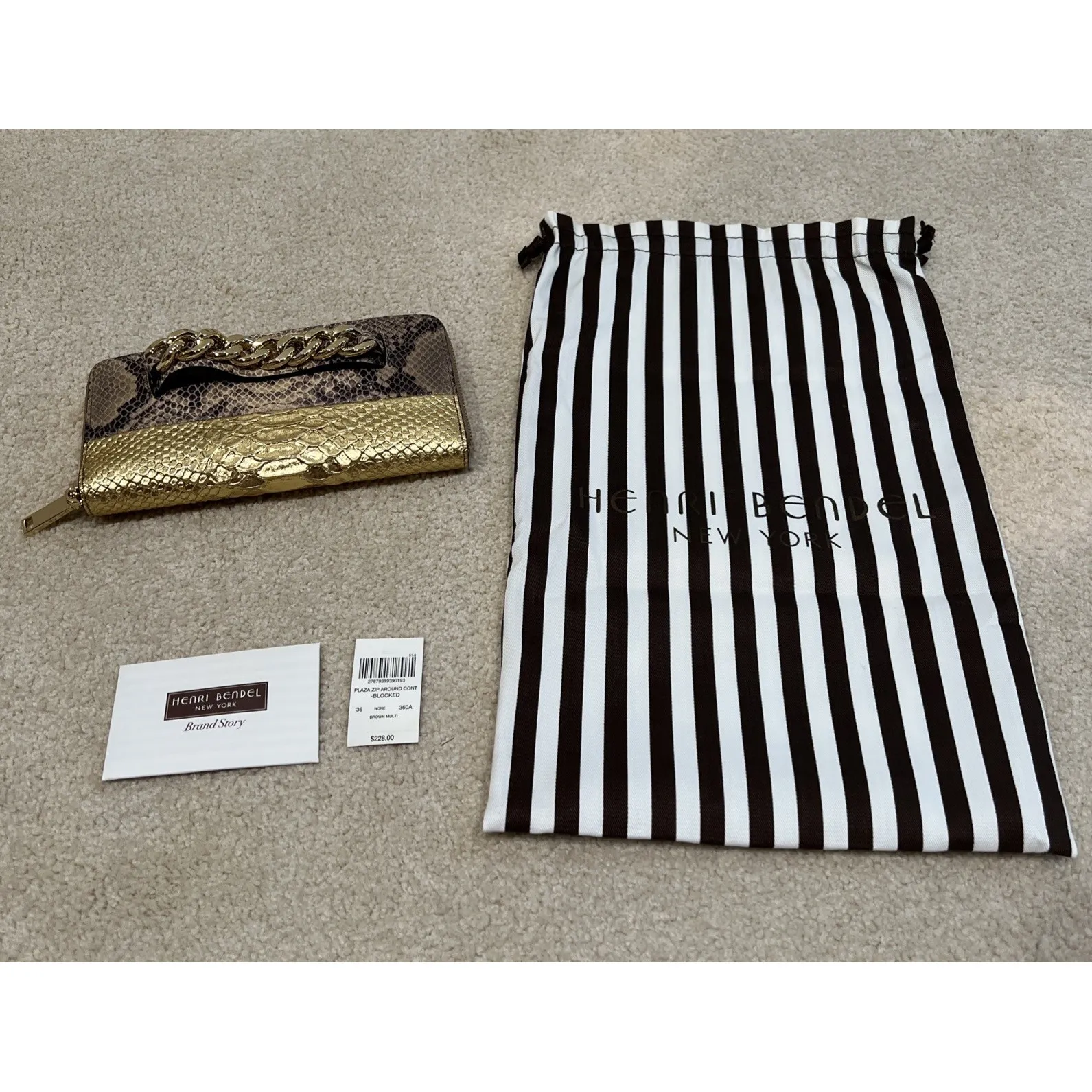 Henri Bendel Plaza Zip Around Wallet Clutch Python Snake Gold Blocked Leather - Image 2