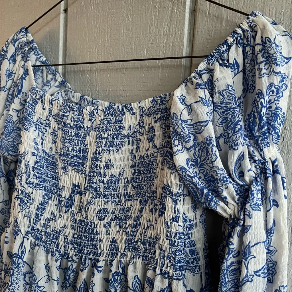 MISA Los Angeles Vida Smocked Toile Print Ruffle Top Ocean Blue and White Size S - Image 3