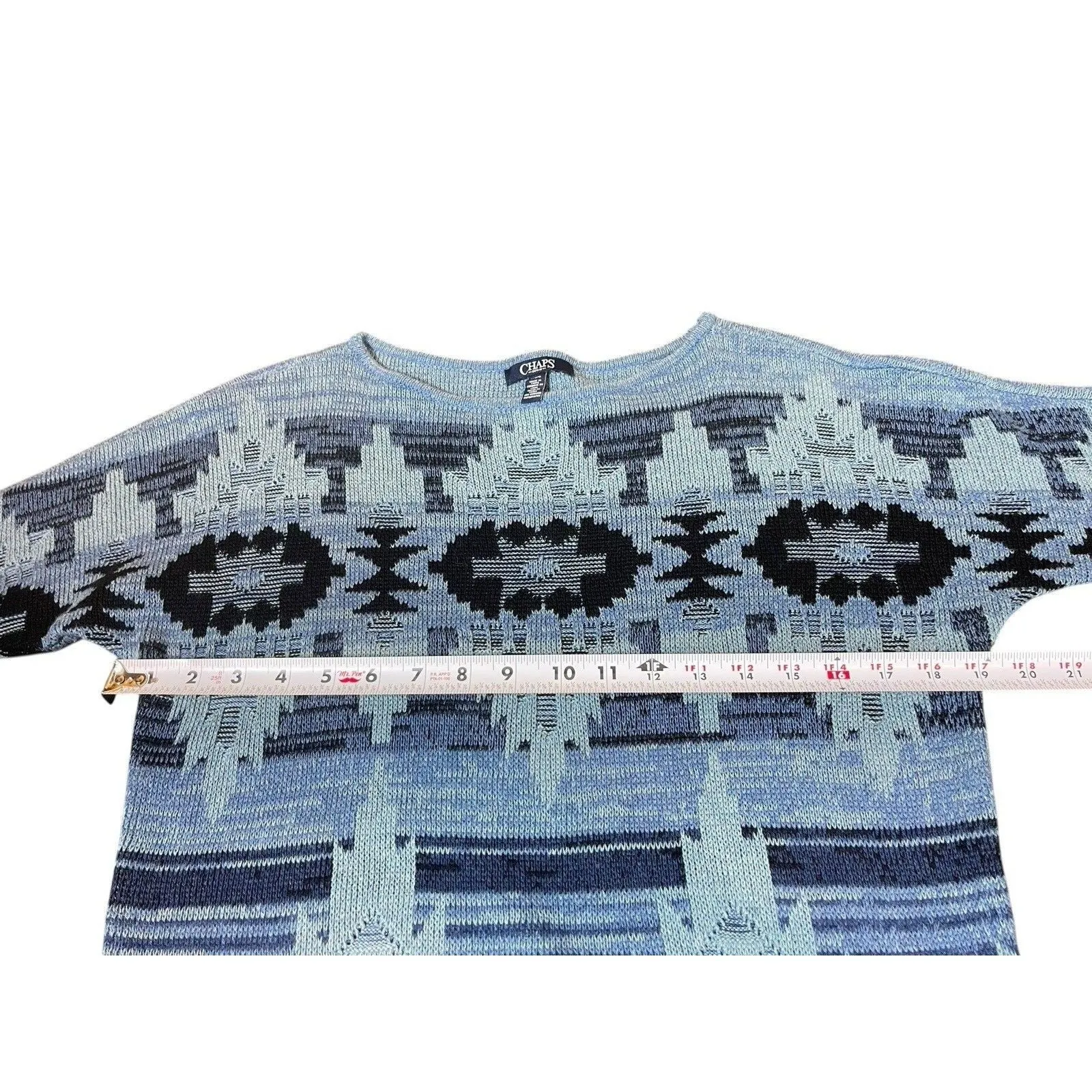 Chaps Denim Blue Southwestern Aztec Knit Top L Cotton Blend Short Sleeve - Image 10