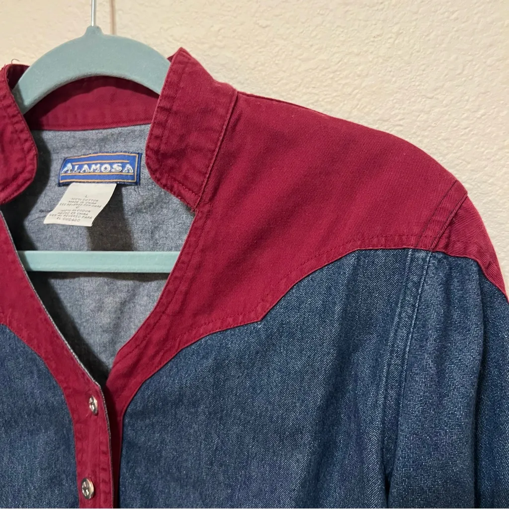 Alamosa Cowgirl vintage denim shirt, cropped size L, 100% Cotton Blue Size L - Image 6