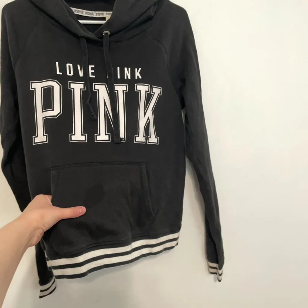 VS PINK VICTORIA'S SECRET Perfect Pullover Black White Logo Hoodie Sweatshirt M - Image 8