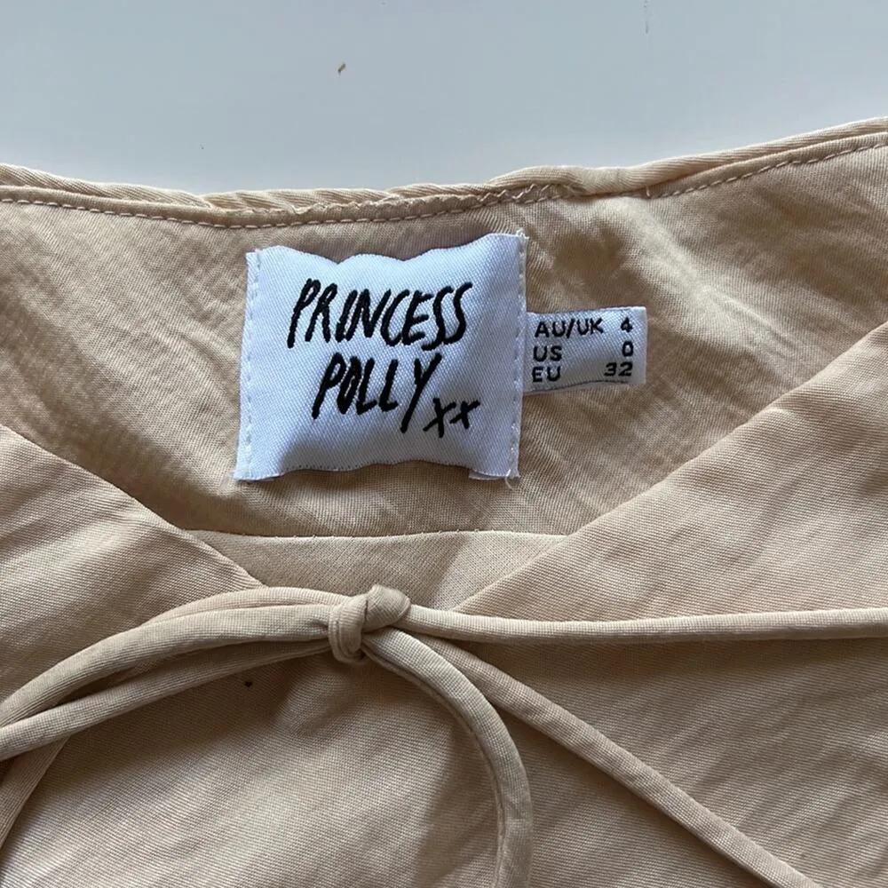 Princess  Polly Saturday Night V Waist Mini Skirt with Tie Detail in Beige - Image 3