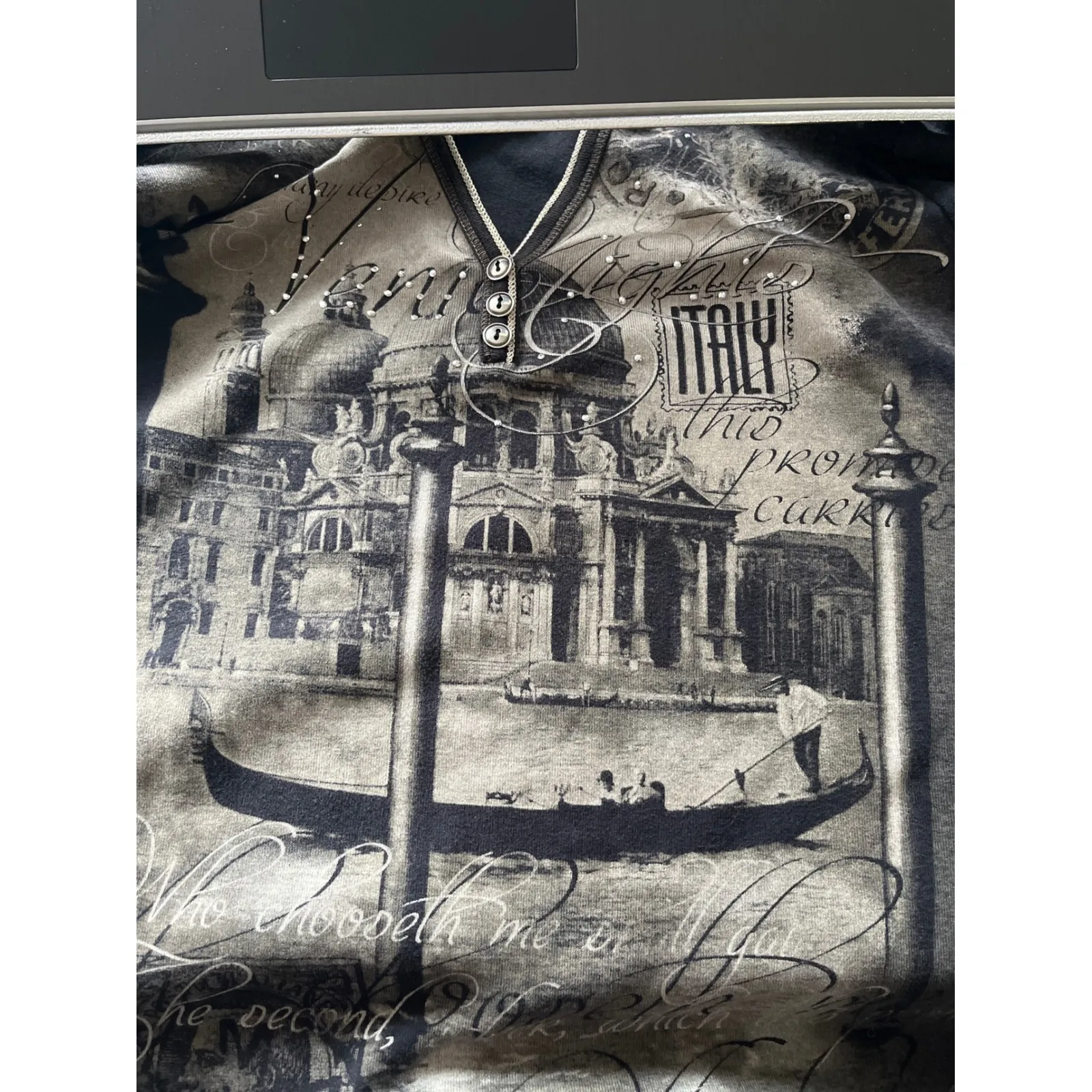 Y2K Blue Canyon Sz L Black Venice Italy Henley Shirt Vintage Bling Whimsygoth Size L - Image 3