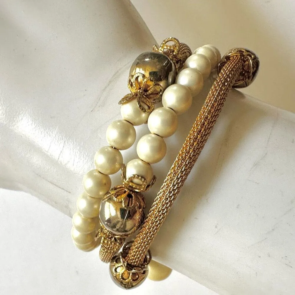 Faux pearl gold tone mesh beaded wrap bracelet Gold - Image 2