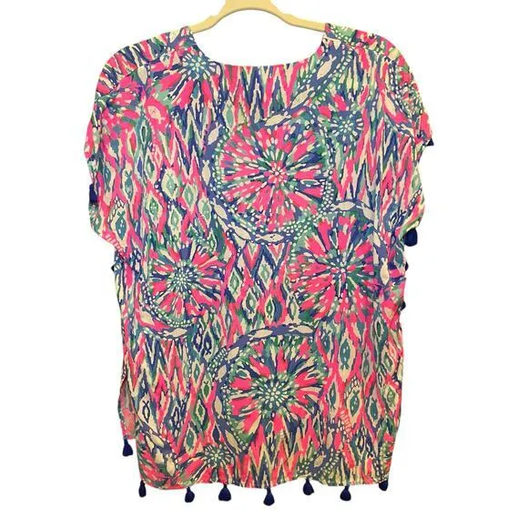 Lilly Pulitzer Women‎ XS Top Tunic Short Sleeve Sydney Caftan Pink Blue Tassels - Image 12