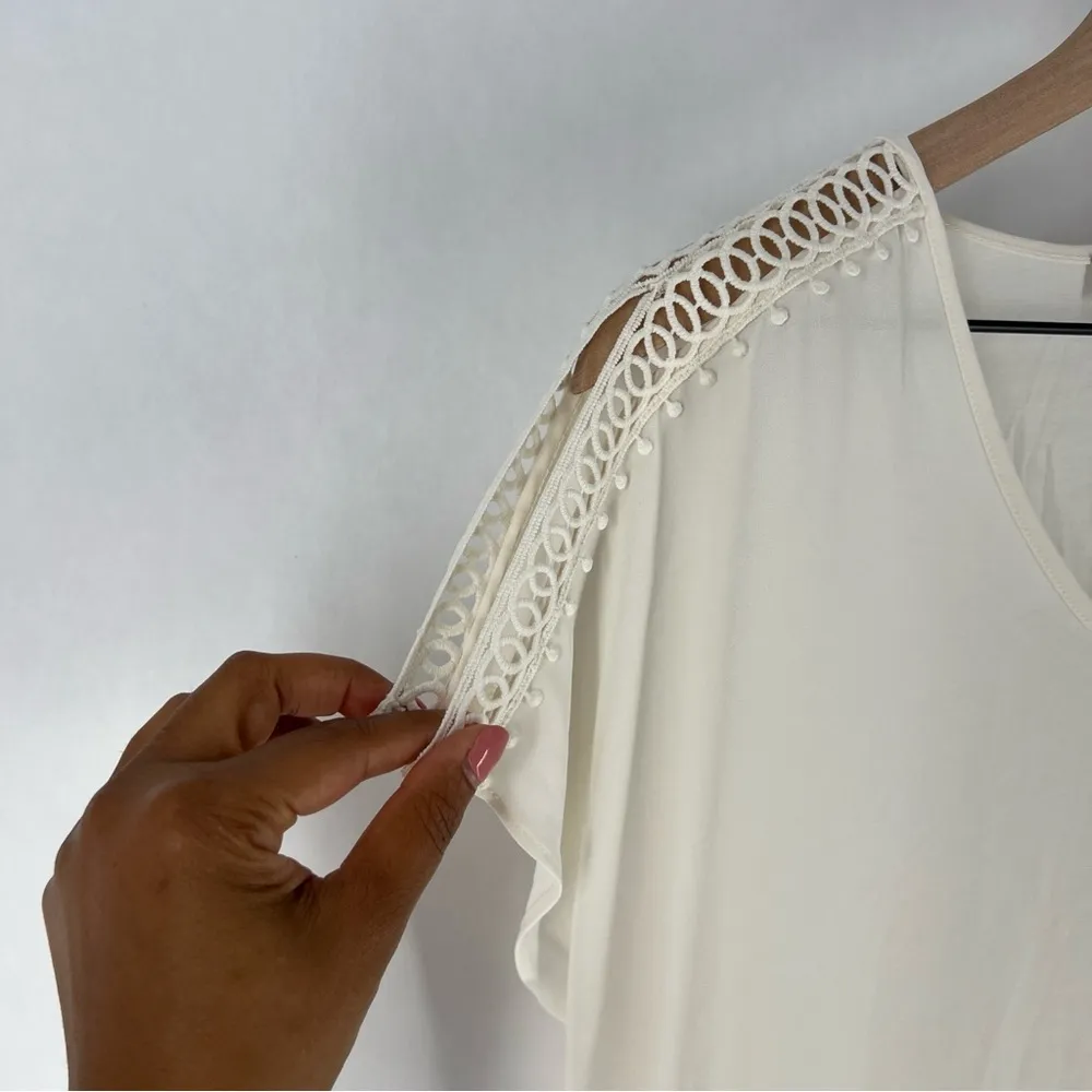 LOFT Size M Petite Lacy Mixed Media Tee High Low Dolman Split Sleeve Lightweight - Image 4