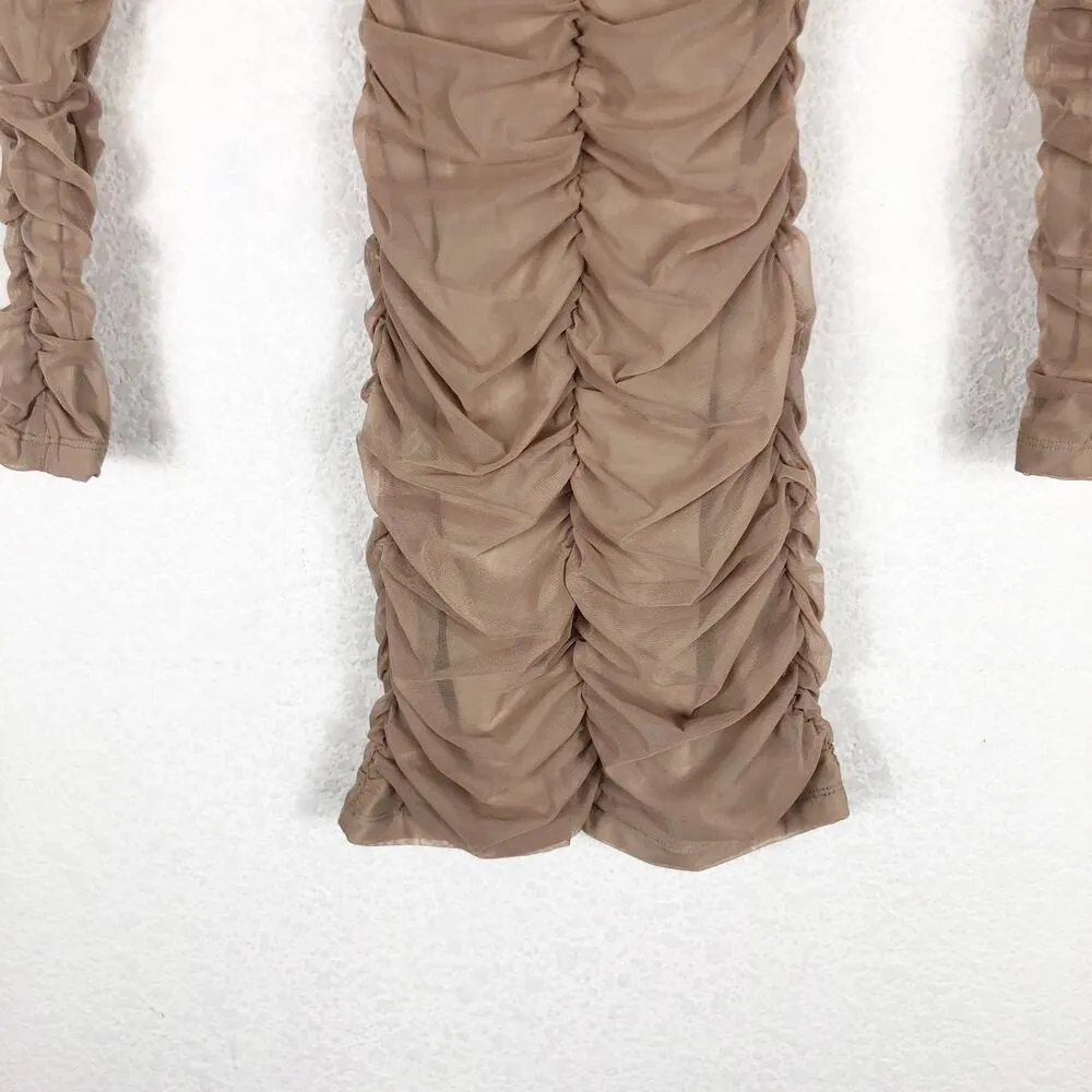 NWT Michael Costello REVOLVE Franky Mini Dress Taupe Size XS Ruched Long Sleeve Tan - Image 10