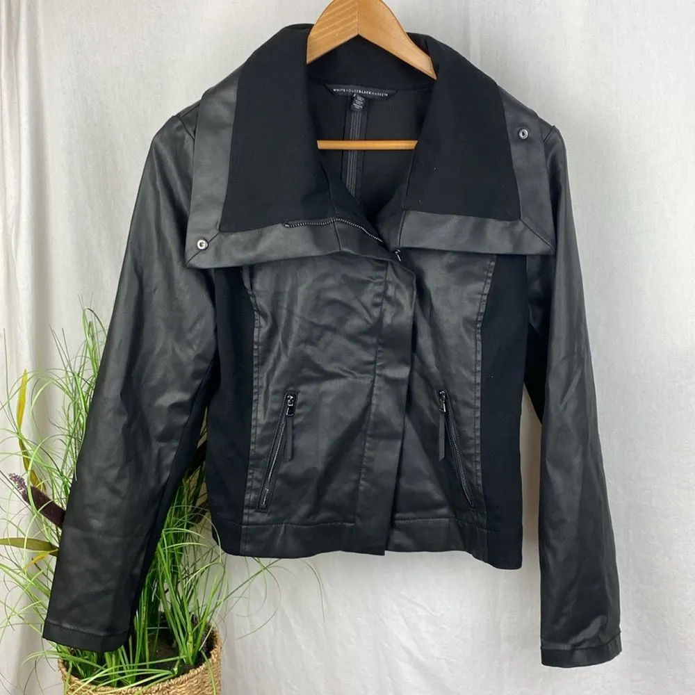 White House Black Market Black Long Sleeve Coated Denim Cropped Moto Jacket S - Image 2