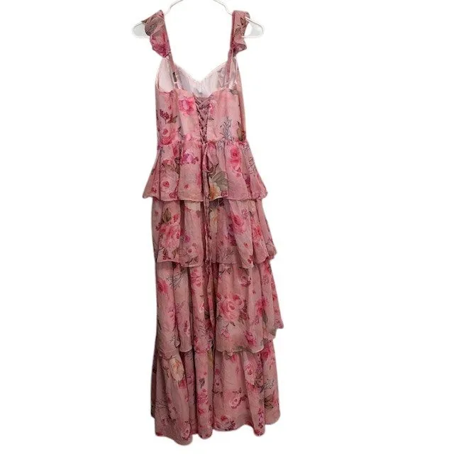 Floral Pink Maxi Dress‎ Ruffle Tiered Corset Back Party Wedding Homecoming Prom Size 8 - Image 2
