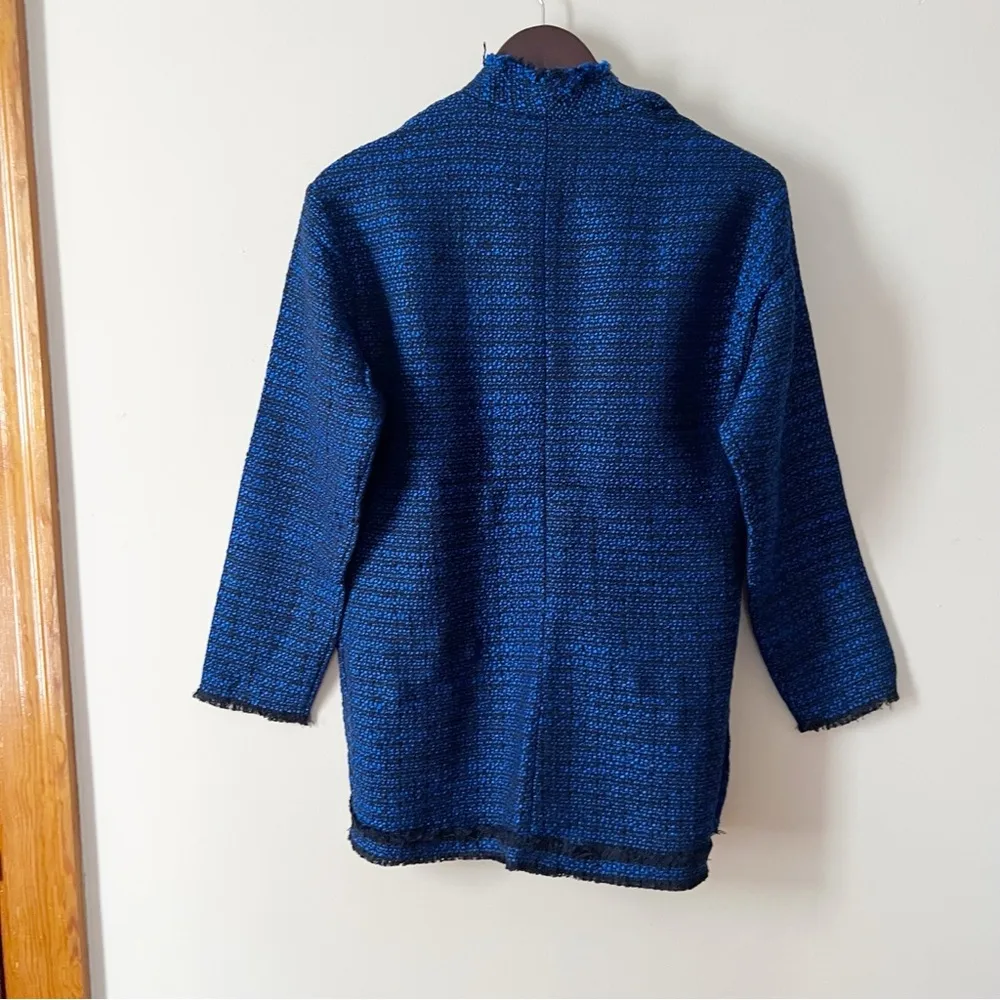 Koton Blue/Black Plaid Tweed Midi Lightweight Coat Formal Pearl Accents NEW Blue Size M - Image 11