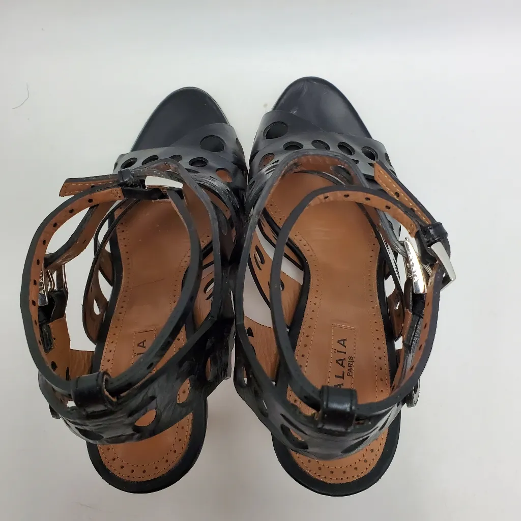 Alaia Black Azzedine Leather Cut Out Ankle Strappy Pumps Heels Sandals Size 38 - Image 6