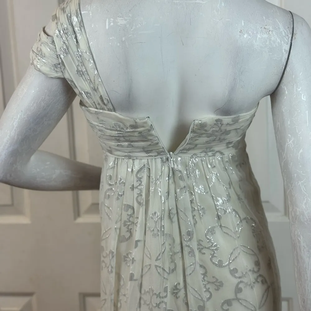 Nicole Miller Silk One Shoulder Dress Maxi 10 Long Foil Silver White Gown Size 2 - Image 6