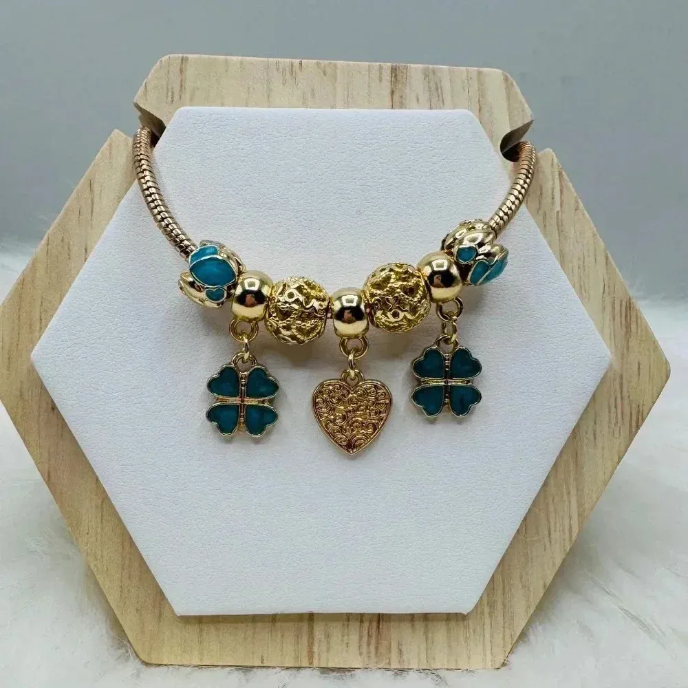 Heart & Clover Charm Bracelet Blue Gold - Image 2