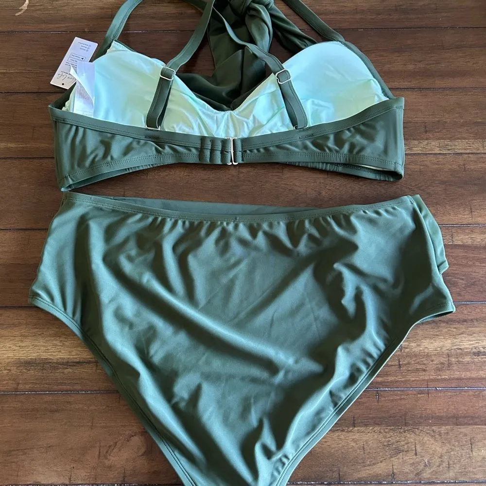 CUPSHE Army Green Bikini High Waisted Wrapped Front Knotted Bottom Size 3X NEW - Image 6