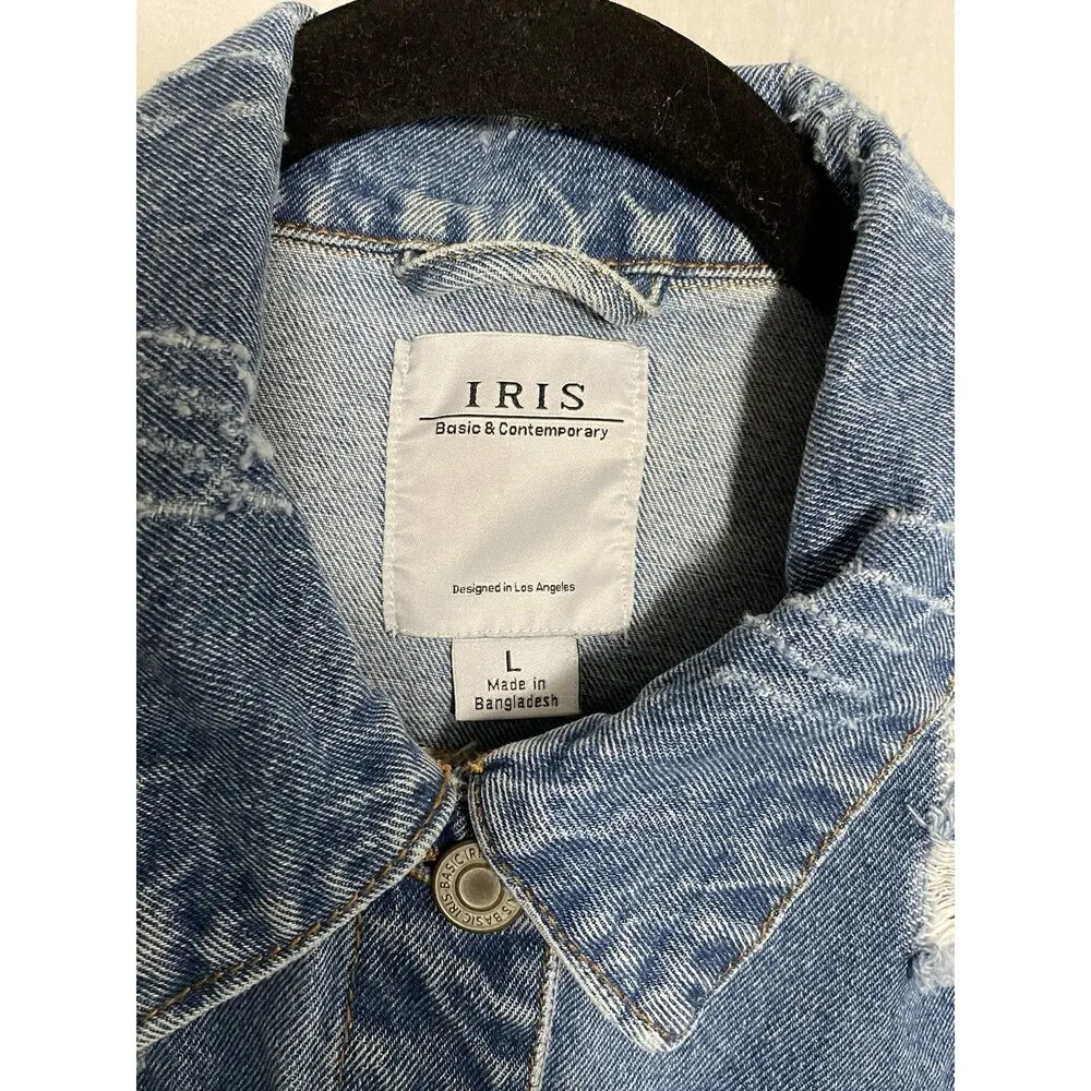 Iris Denim Jacket Distressed Button Down Womens Size Large - Image 5