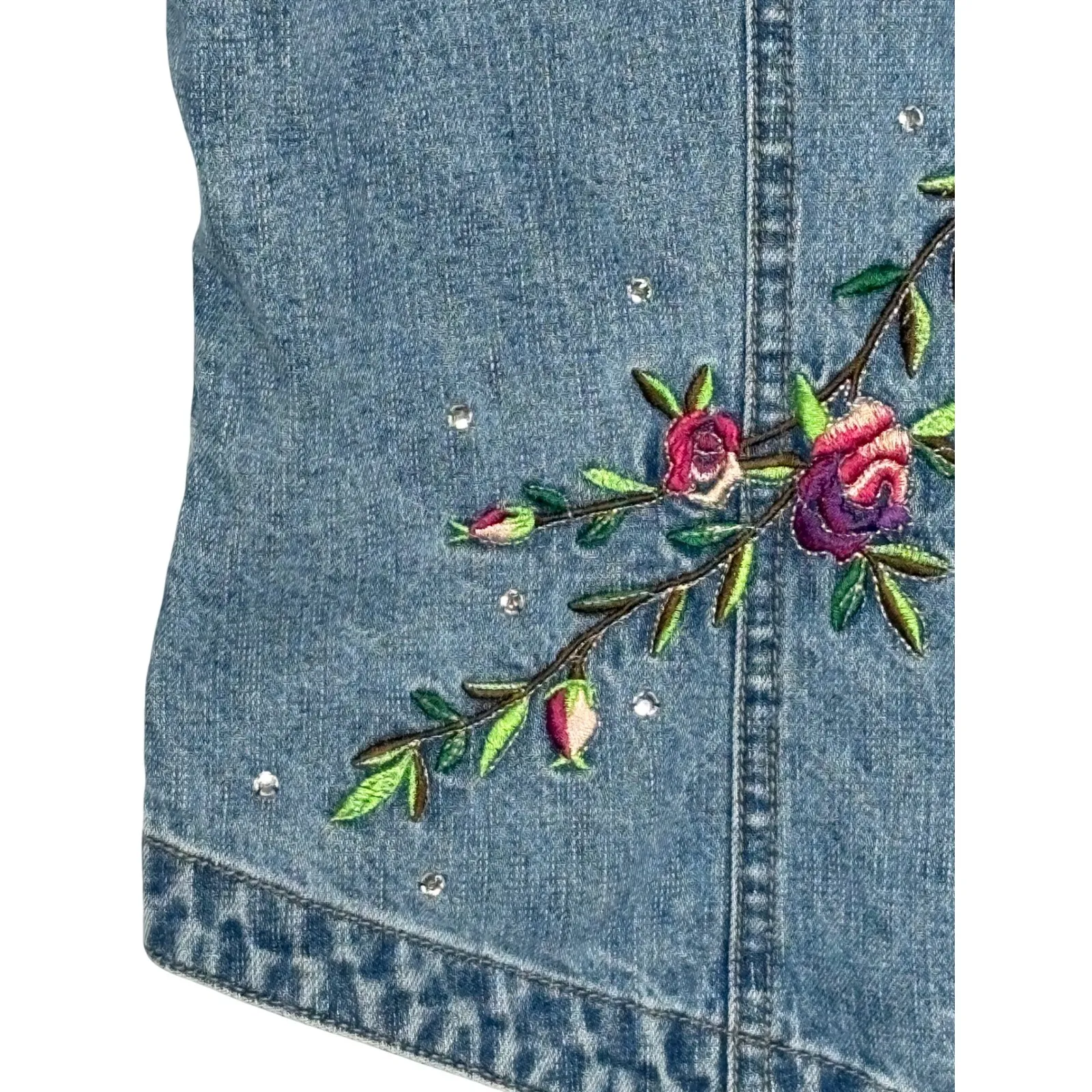 Vintage Bill Blass Denim Vest Embroidered Rose Rhinestone Women Size Medium Blue - Image 6