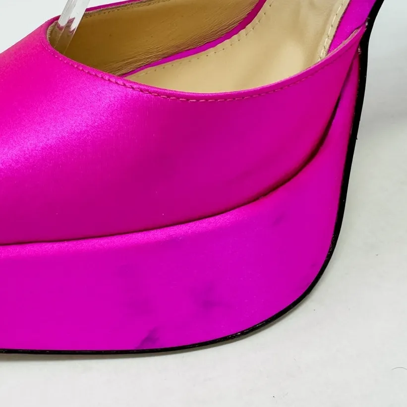 Mach & Mach Satin Crystal Bow Chain Platform Pumps Block Heel Hot Pink Size 40 - Image 12