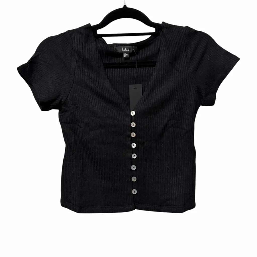 Lulus My Everyday Best Black Ribbed Short Sleeve Button-Front Top Size M NWT - Image 5