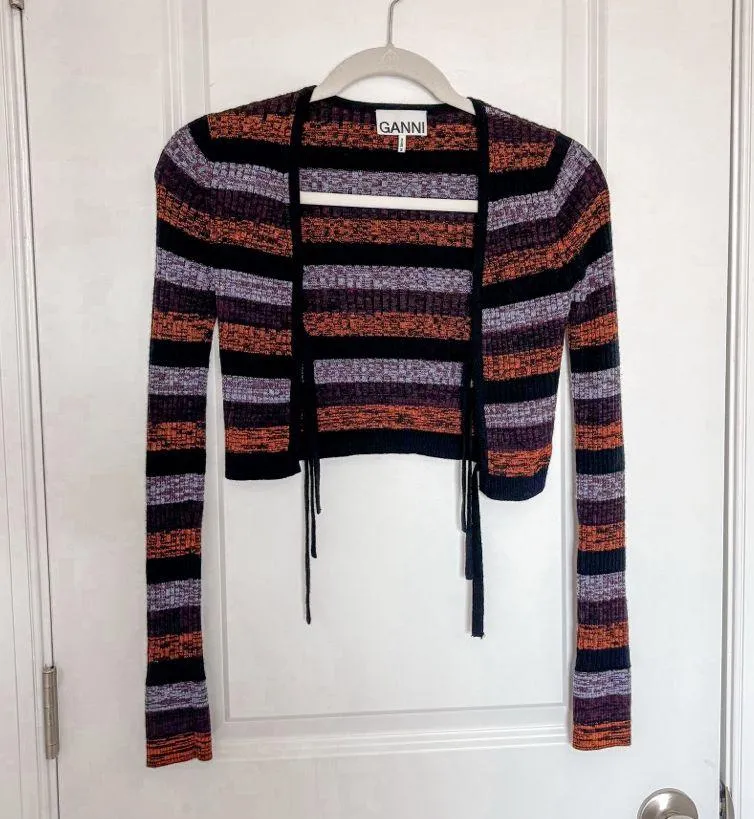 GANNI Striped Merino Rib Cropped Cardigan Maxi Skirt Set - Image 2