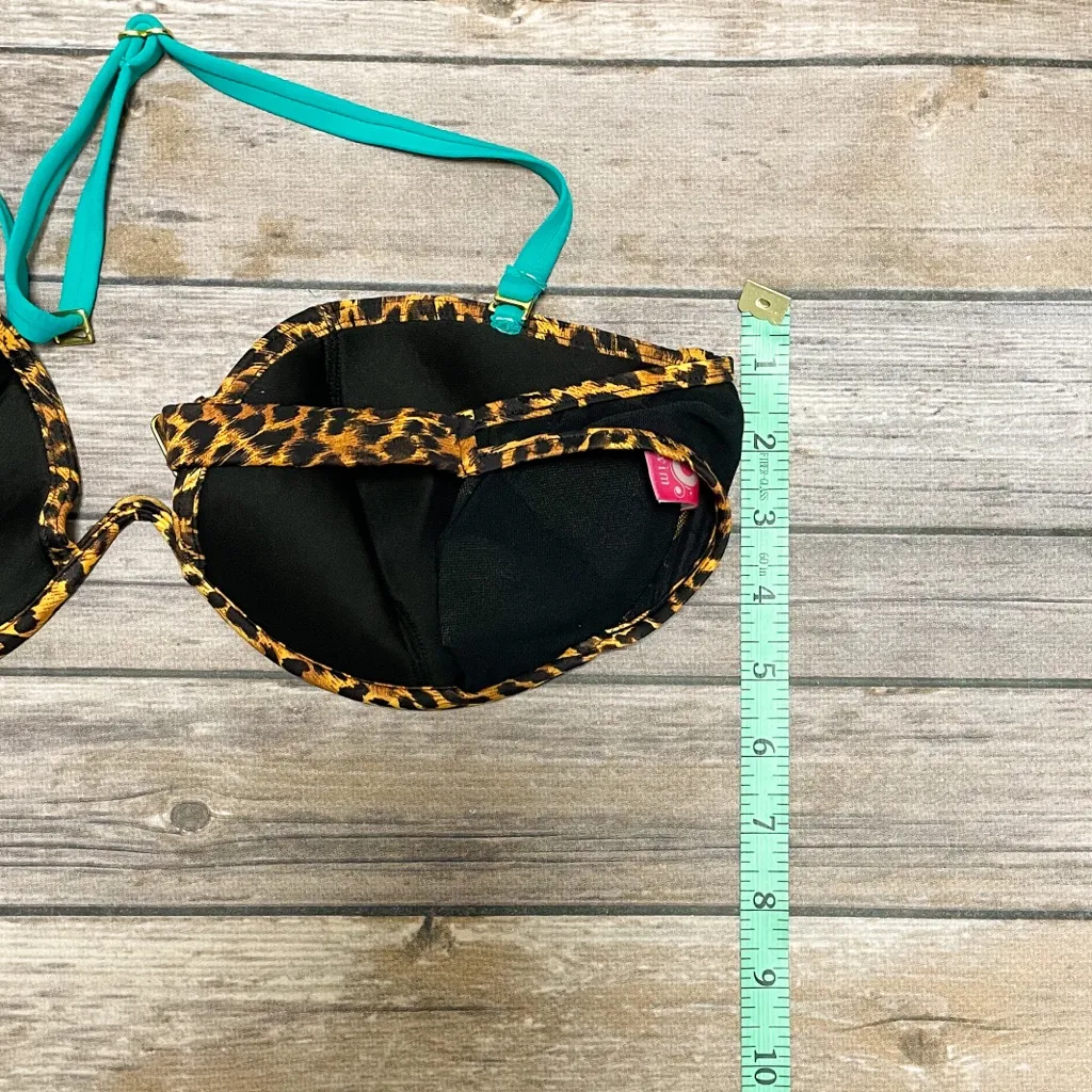 B Swim D Cup Rawr Uniwire Underwire Bikini Top NWT Leopard Teal Removable Straps Tan Size L - Image 9