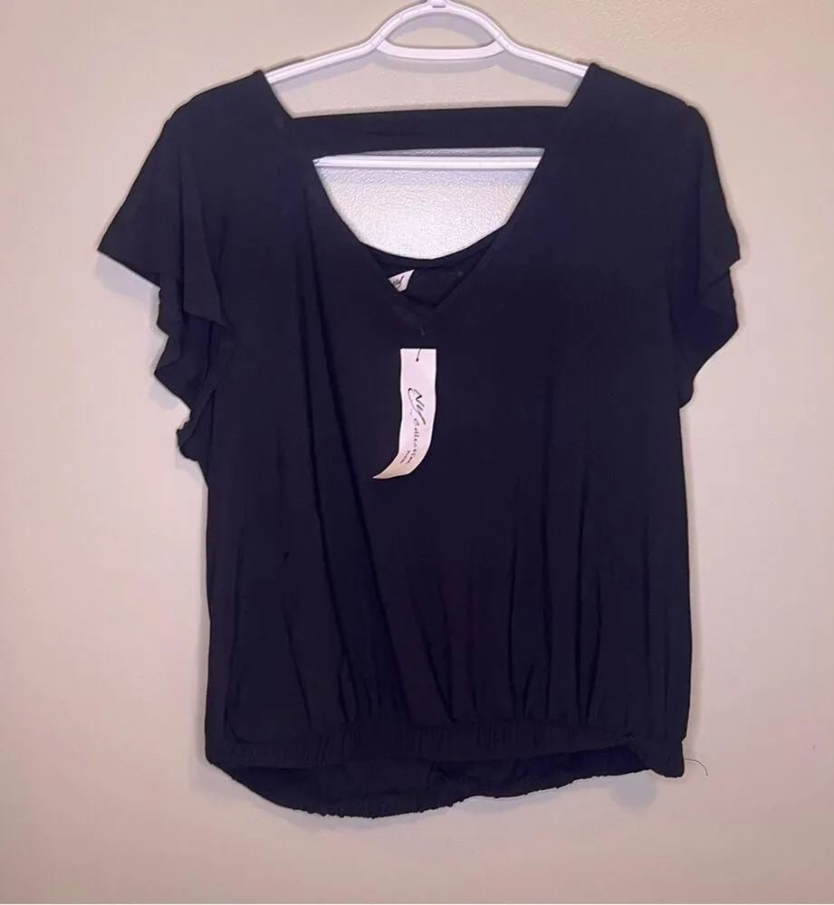 NY Collection Black Embellished Neckline Cutout Modest Blouse Short Sleeve PXL - Image 9