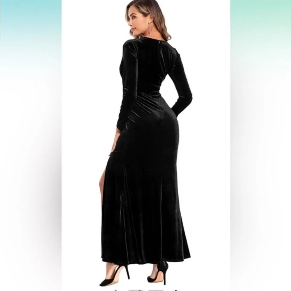 Babalet Velvet‎ Dress Long Sleeve V Neck Ruched Bodycon Wrap Evening Dress M Black Size M - Image 4