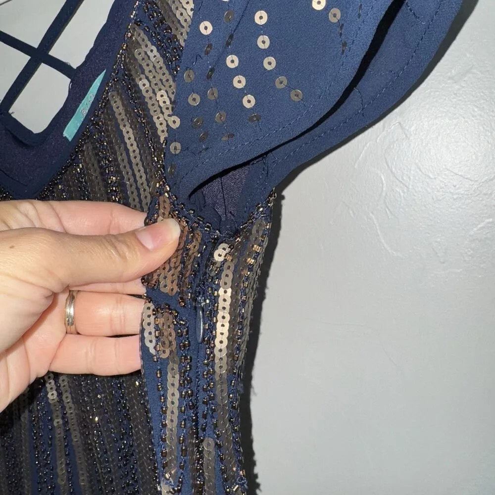 Rio Bazaar Navy Blue & Gold Sequin Dress XS Crisscross Back Art Deco Sparkle - Image 4