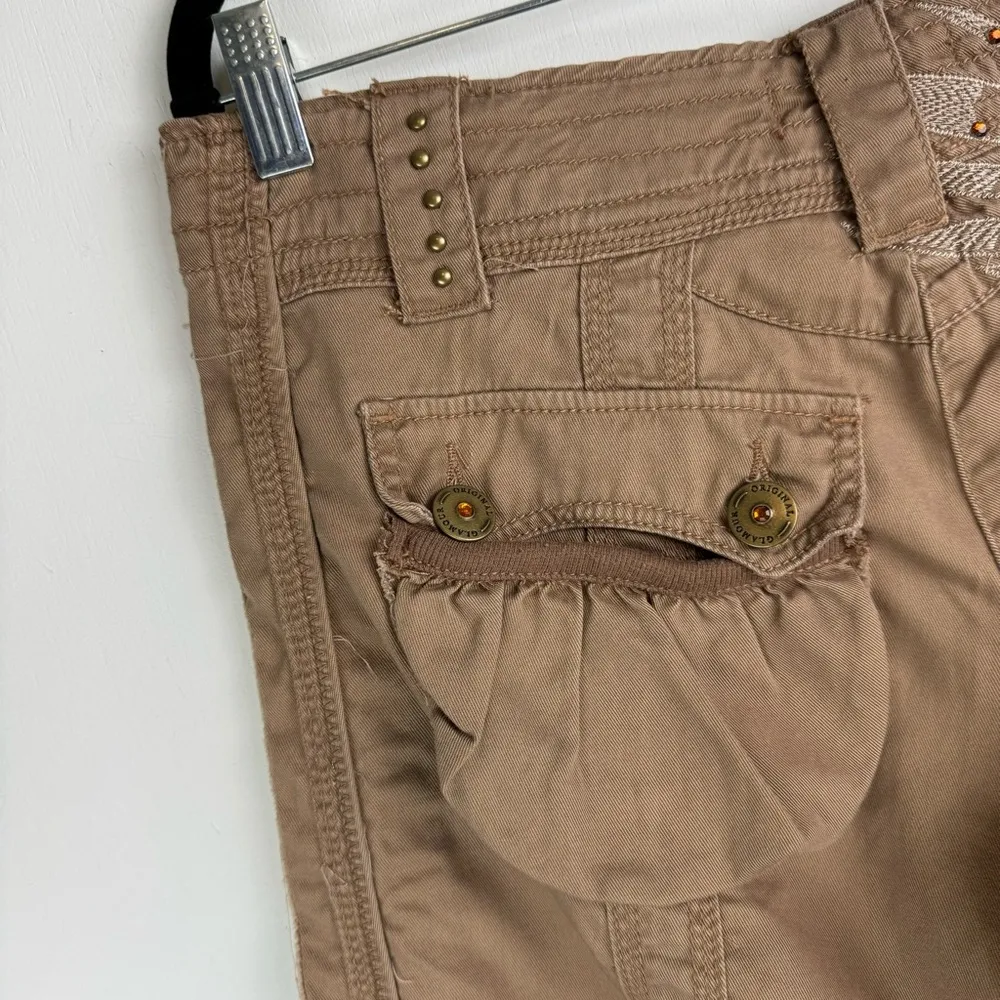 Y2K Original & Glamour Sz Large Cargo Baggy Crop Pants Patchwork Embroidered Tan - Image 14