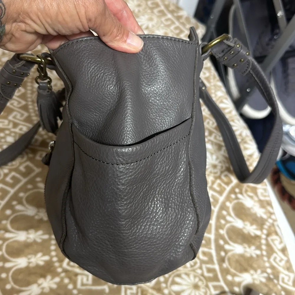 Grey 100% Leather Pebbled Double Handle Purse Handbag Some Pink Lining - Image 3