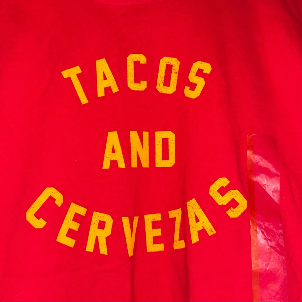 Fifth Sun Red Tee with Yellow Tacos and Cervezas Print - Image 2