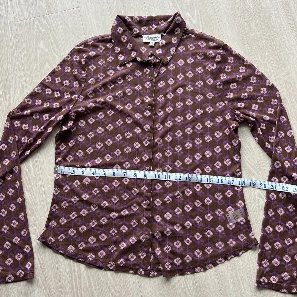 Lavender Moon Shirt Womens XL Sheer Mesh Floral Print Long Sleeve Retro Preppy Brown - Image 8