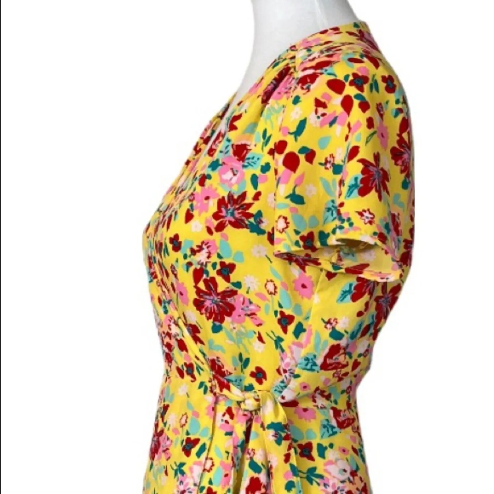 J. Crew Women's Wrap Dress Yellow Pink Floral Short Sleeve Tie Waist Size 0 - Image 10
