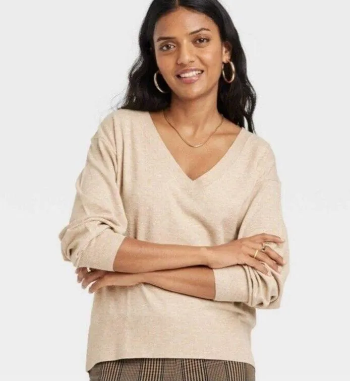 A New Day Sweater Size Small Oatmeal V Neck Knit Top Fine Gauge Pullover Target - Image 3