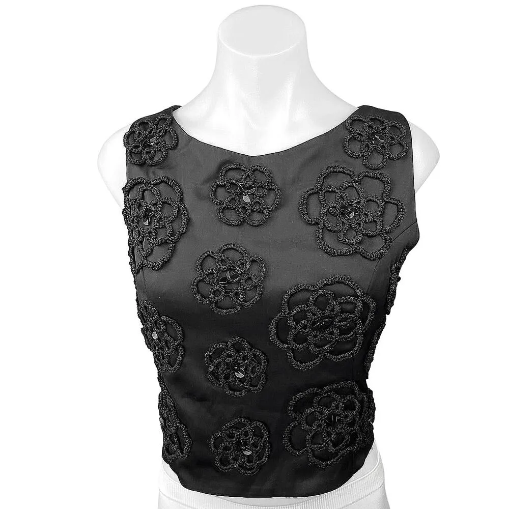Geraldine Garcia Black Flower Sequin Beaded Embellished Crop Blouse Tank Top M Size M - Image 2
