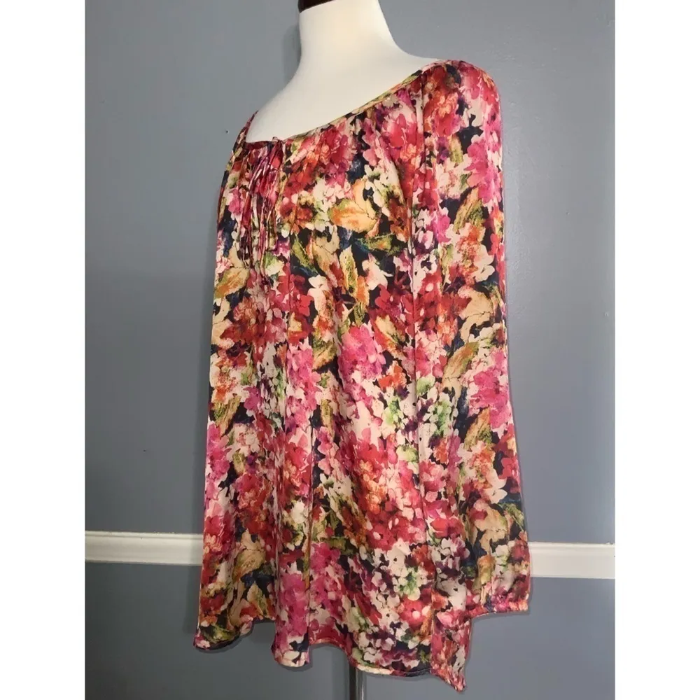 Cha Cha Vente Orange Floral Watercolor Smock Long Sleeve Satin Flowy Tunic L - Image 3