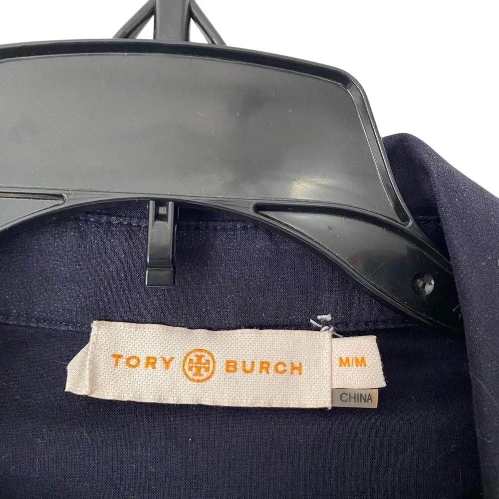 Tory Burch Linen Blend Navy Blue White Print Button Down Shirt size medium - Image 2
