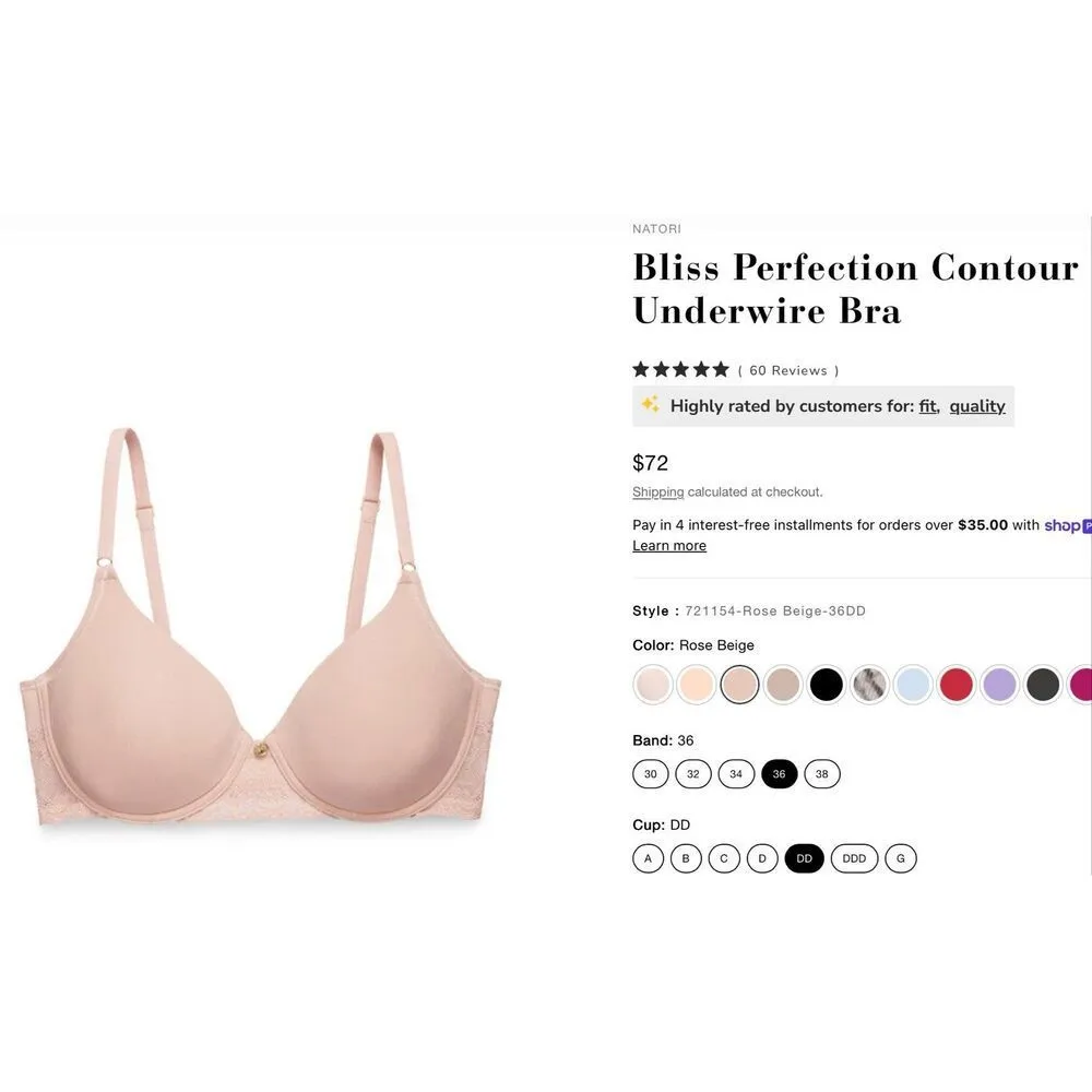 C 18 Natori Bliss Perfection Contour Underwire Bra Rose Beige size 36DD - Image 2