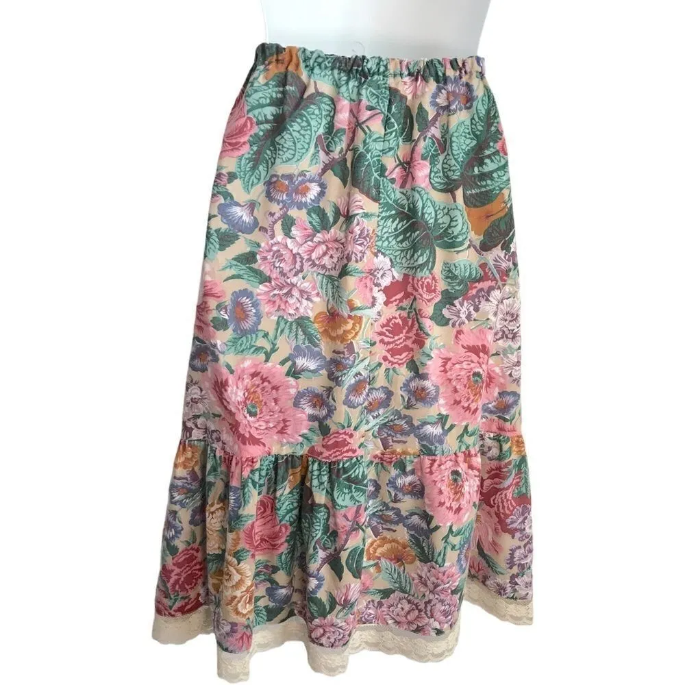 Vintage Prairie Floral Ruffle Midi Skirt XS Green - Image 2