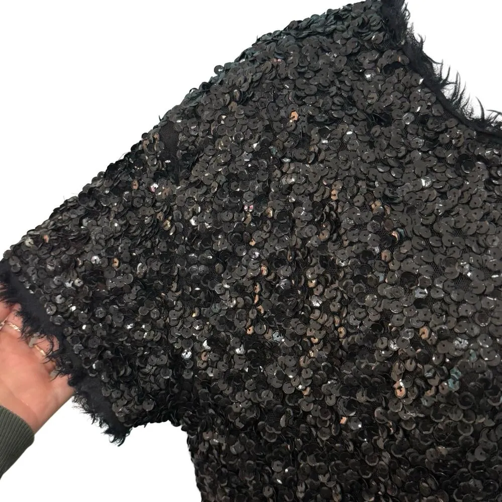 Gryphon Anthropologie Black Sequin Cap Sleeve Round Neck Shirt Top Size S Glam - Image 9