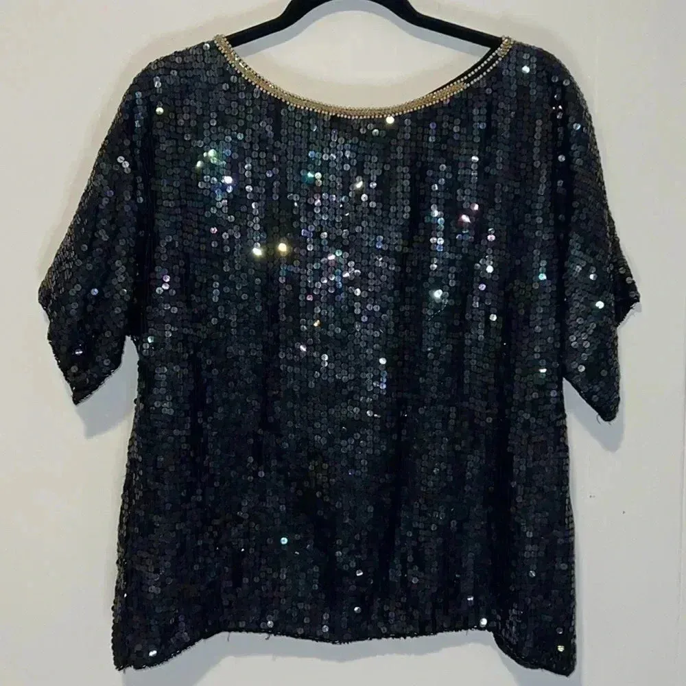 Vintage 80s Cee Cee All Over Sequin Floral Daisy Black Top E18 Size M - Image 2