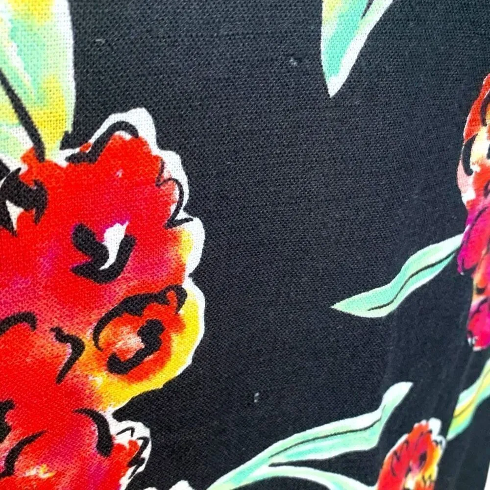 Vintage 90s Maxi Dress Black Red Tropical Floral Print Linen Blend Sleeveless Size L - Image 7
