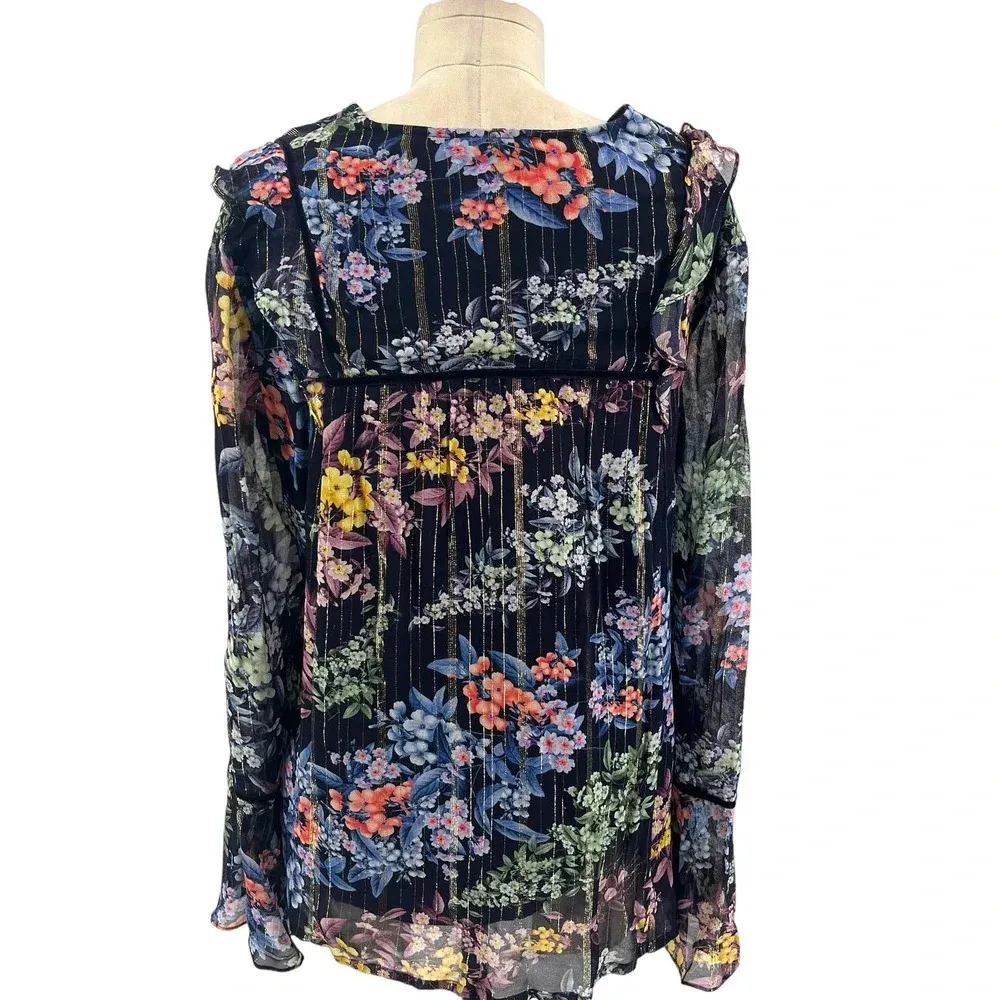Anthropologie Vineet Bahl Vivienne Blouse Top Embroidered Floral Black‎ Medium - Image 8