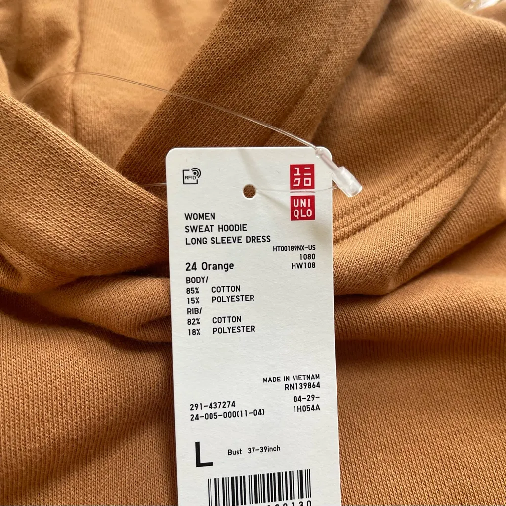 Uniqlo Sweat Hoodie Long-Sleeve Dress Orange 85% Cotton Sz Large - Image 11