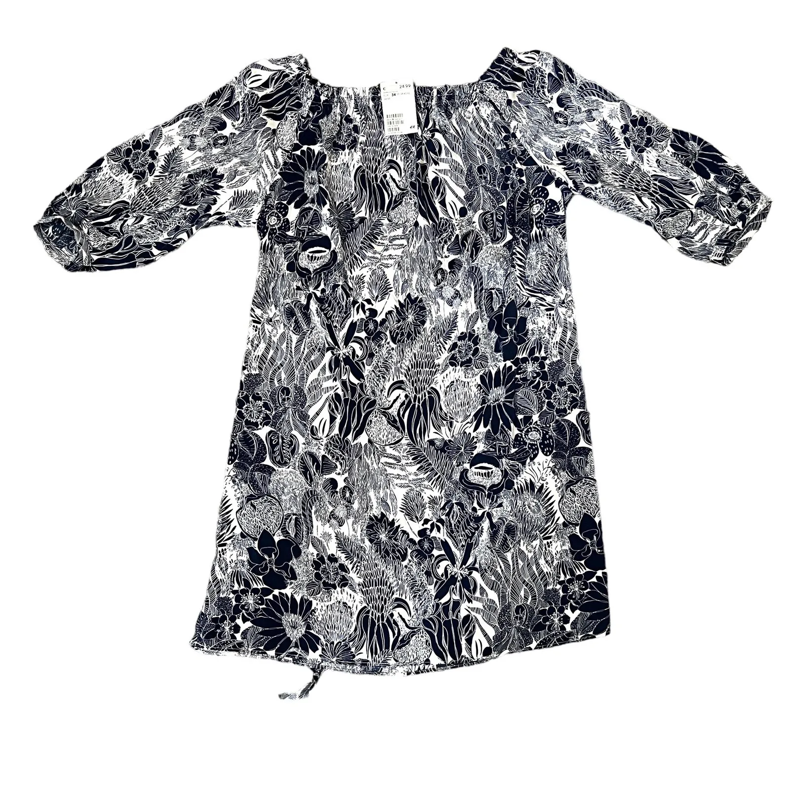 H&M Size 2 Floral 3/4 Cuff Sleeve Elastic Square Neck Waist Tie Shift Dress - Image 11