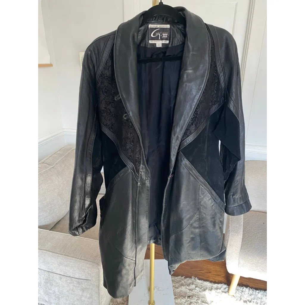 Vintage Global Identity G III Leather Coat Lace Panel Y2K Parisian Quiet Luxury Black Size M - Image 3