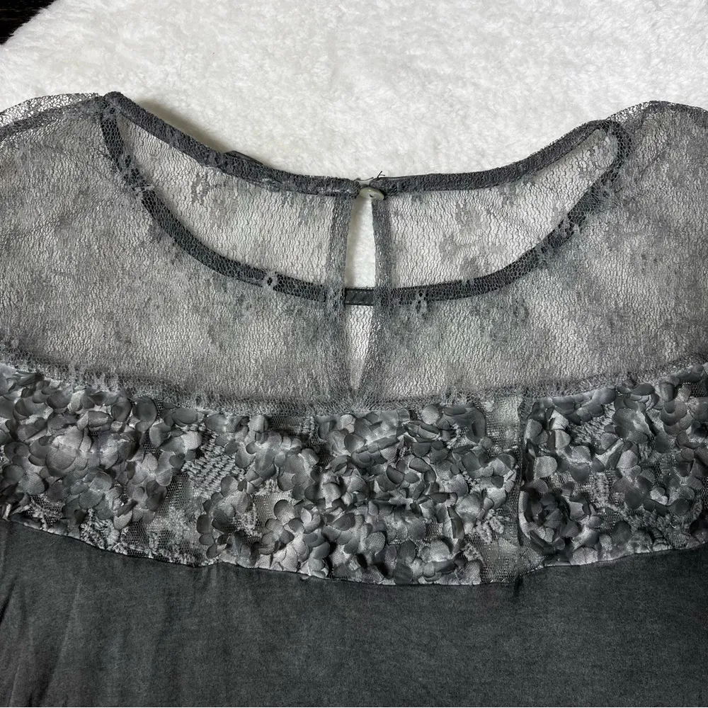 Pol Charcoal Gray Mesh Floral Lace Bell Sleeve Top - Image 6