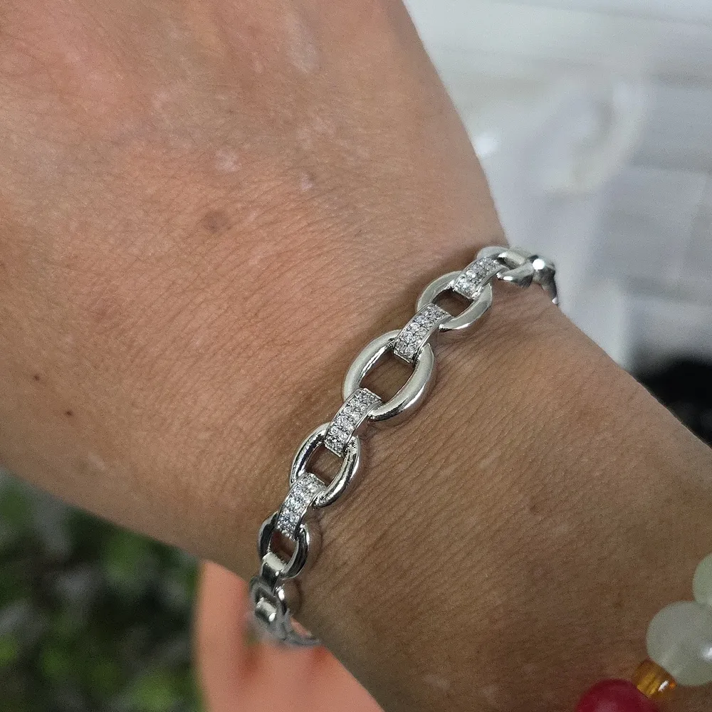 White Gold Filled Chain Link Clamper Bangle Bracelet Adjustable Ring Set Silver - Image 7